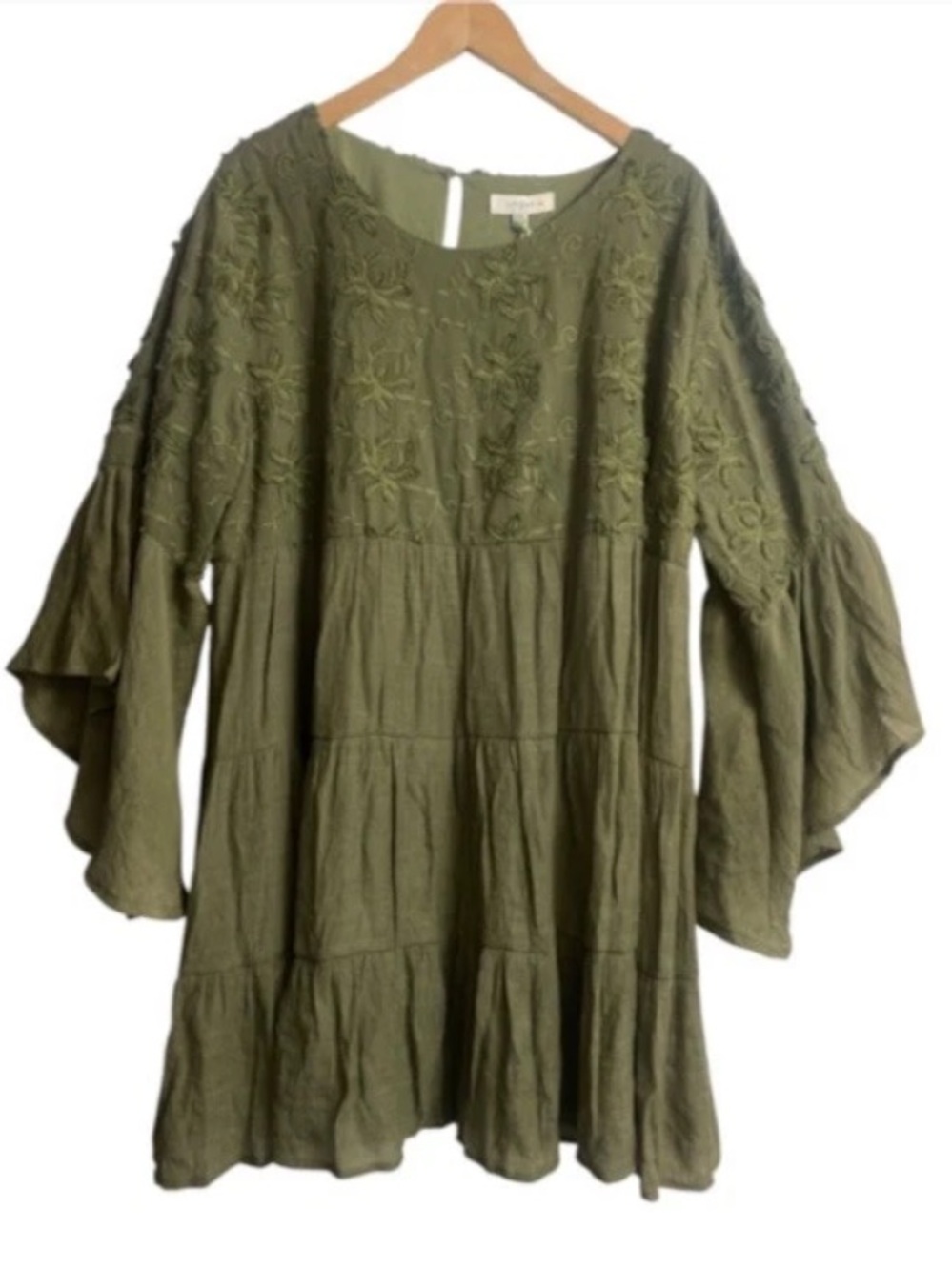 NWT Umgee Tiered Dress Size 2XL Hunter Green Ruffle 3/4 Sleeves Embroidered Boho